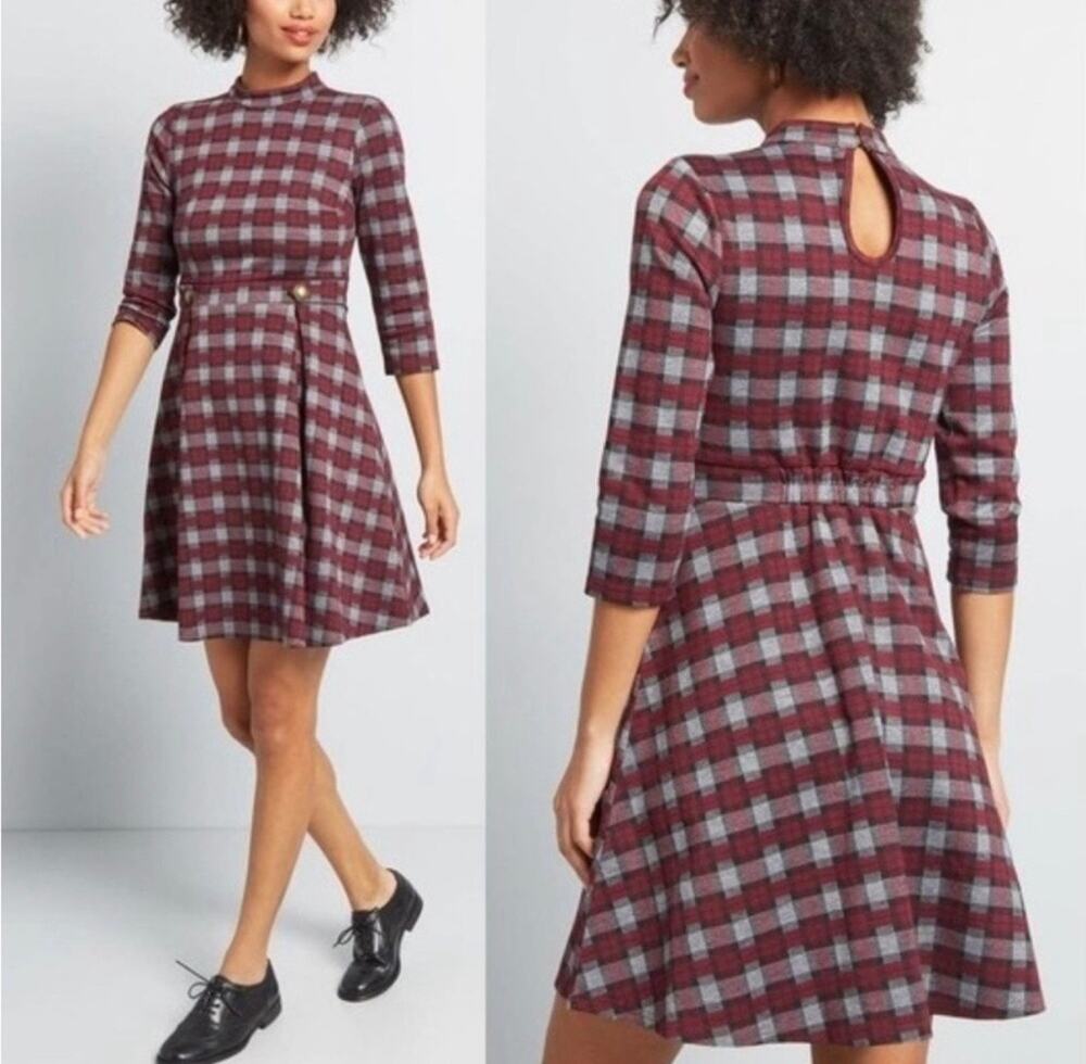 ModCloth Proudest Moments Burgundy Plaid Knit Retro Preppy A-Line Dress 1X